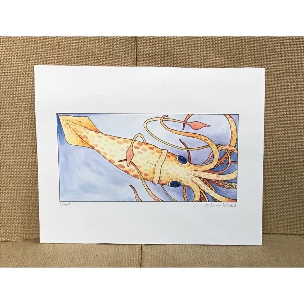 Christi A Sobel Watercolor Squid Signed Art Print Whimsical Coastal Nautical